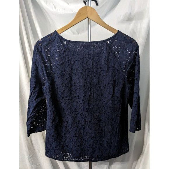 BODEN Navy Blue Classic Blouse w/ Lace Overlay 3/4 Sleeve Cotton Nylon Size 4