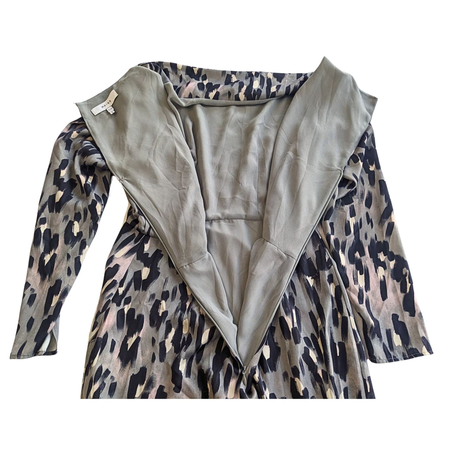 REISS Lotta Taupe Gray Long Sleeve Cheetah Paintbrush Satin Mini Dress Size 6