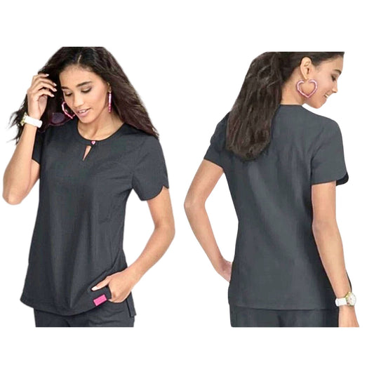 BETSEY JOHNSON Gray Ruched Short Sleeve Scrubs Shirt Keyhole w/Charm Size M