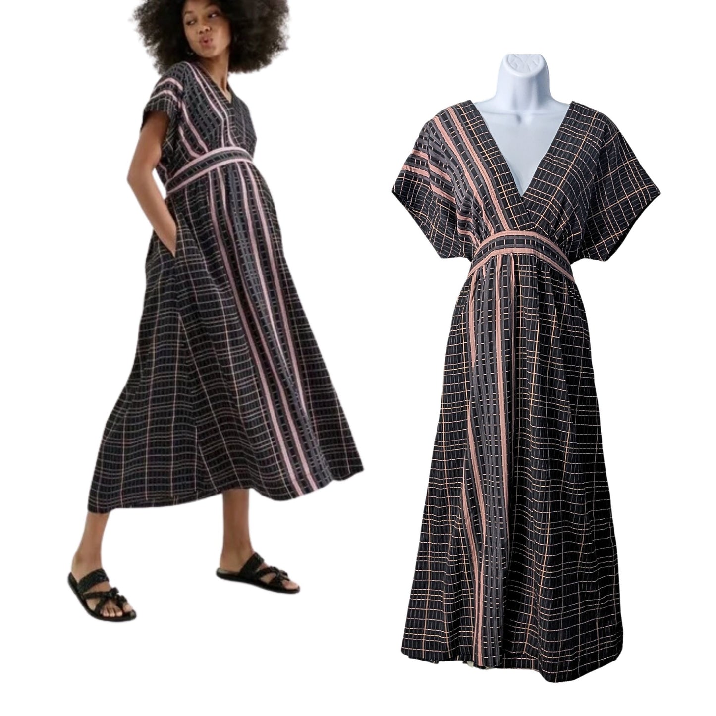 NWT HATCH Carolina Dusty Black Rose Plaid Maternity Maxi Dress Size 2/M