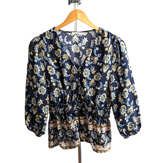 Francesca's MI AMI Blue & Yellow Floral Jacobean Peplum Peasant Top Size S