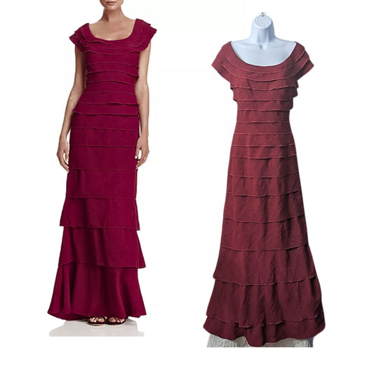 NWT TADASHI SHOJI Rosalie Wine Red Boat Neck Textured Ruffle Tiered Gown Size 12