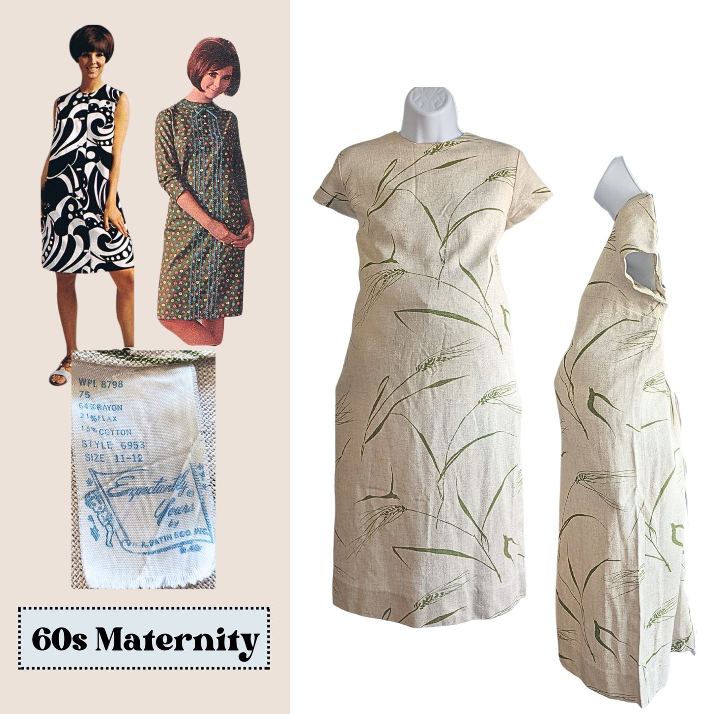 Vtg 60s EXPECTANTLY YOURS Mod Maternity Dress Flax Burlap Gunny Sack Size S/M