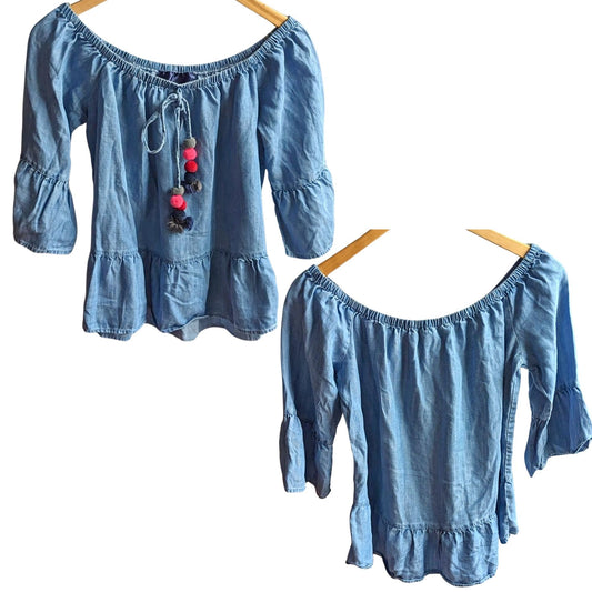 Francesa's BLUE RAIN 100% Tencel Chambray Off-Shoulder Crop Top Boho Poms Size M