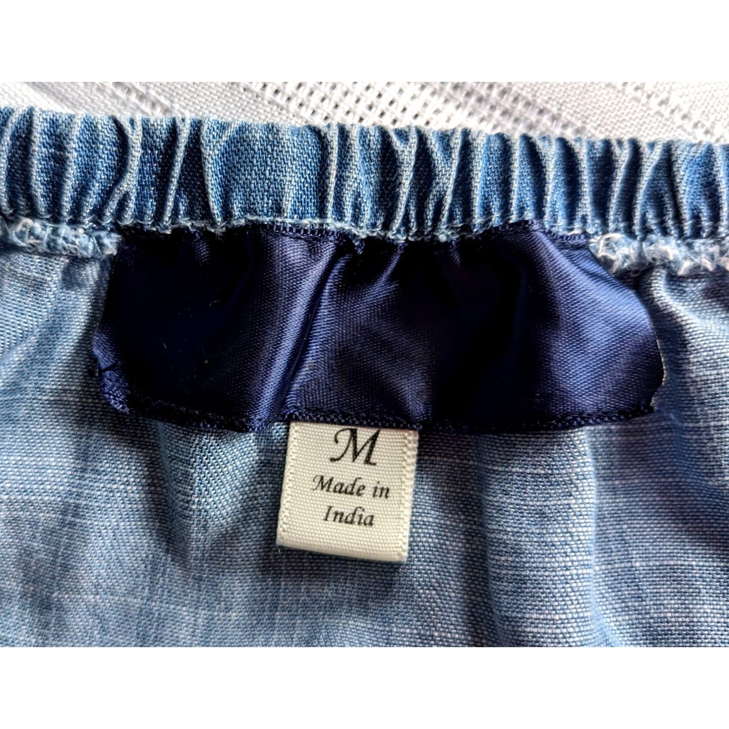 Francesa's BLUE RAIN 100% Tencel Chambray Off-Shoulder Crop Top Boho Poms Size M