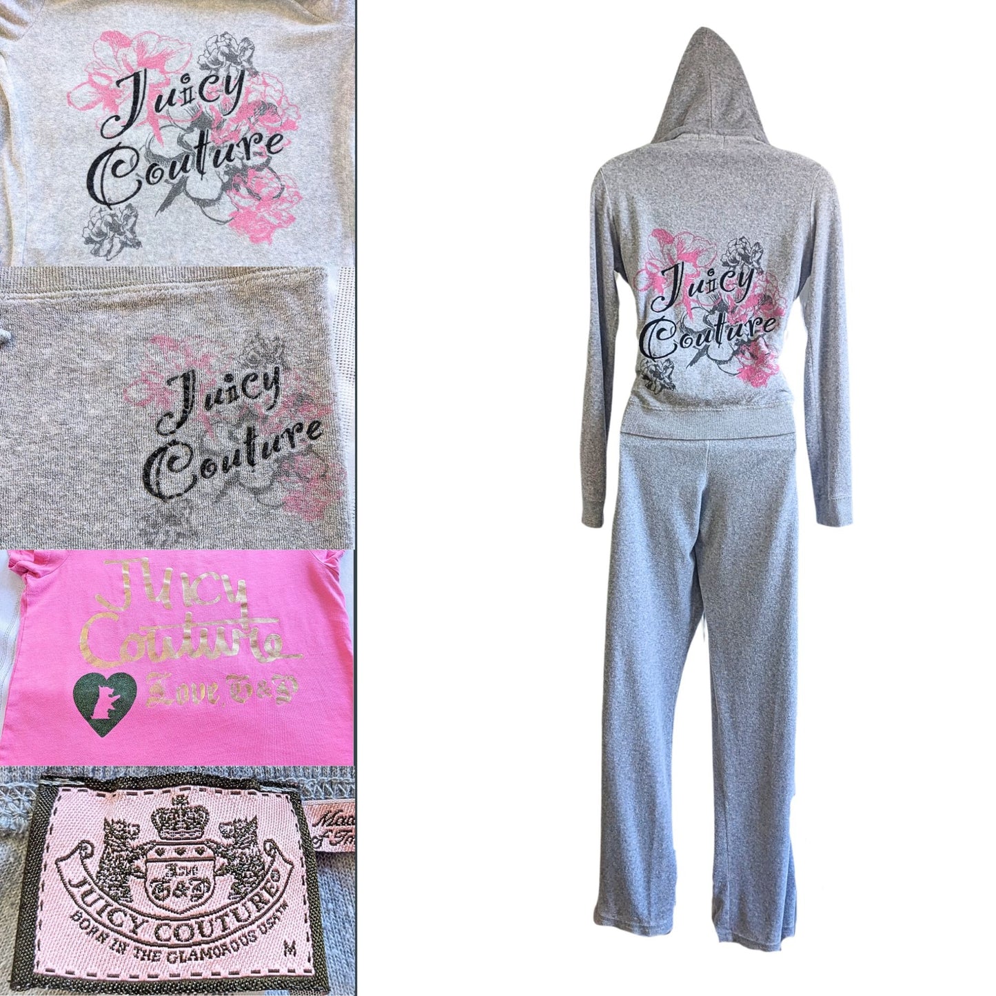 Vtg Y2K JUICY COUTURE 3pc Gray Terry Fun Pink Floral Matching Tracksuit Set S/M