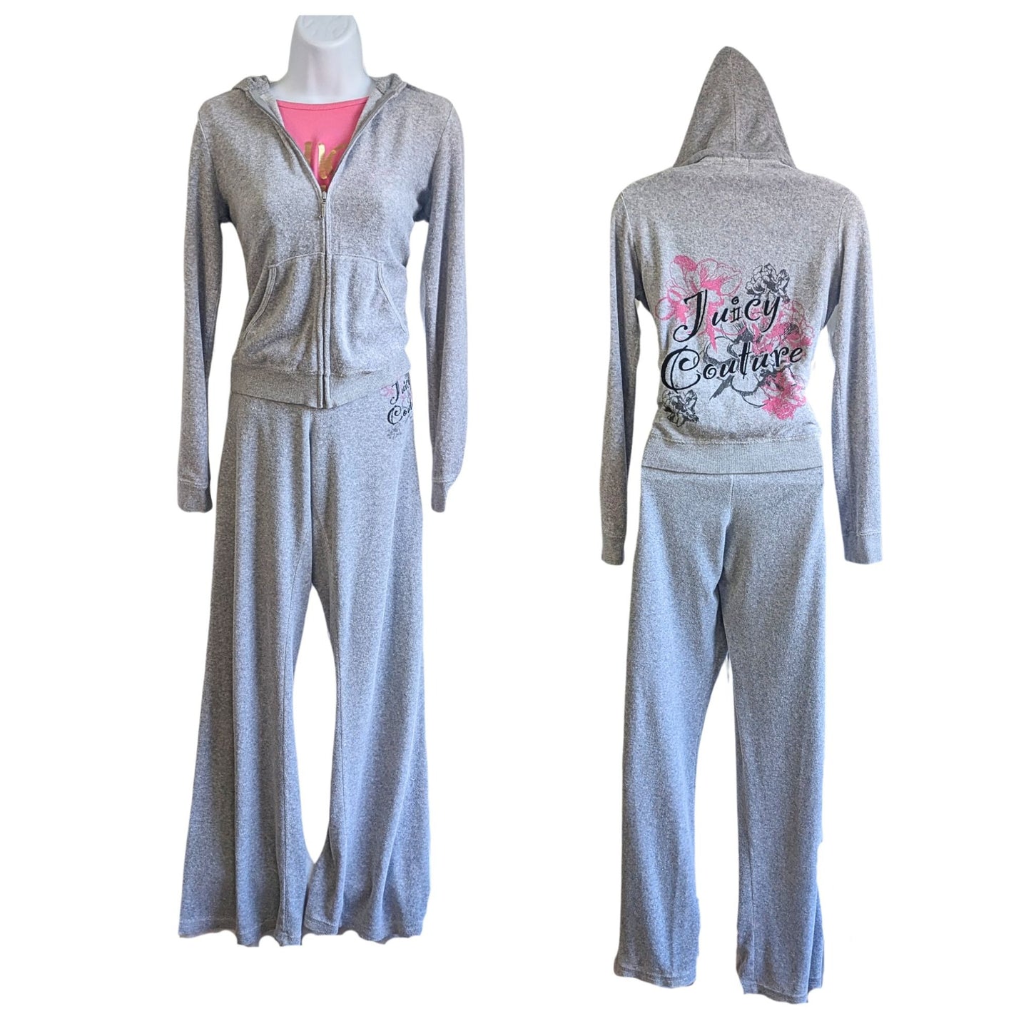 Vtg Y2K JUICY COUTURE 3pc Gray Terry Fun Pink Floral Matching Tracksuit Set S/M