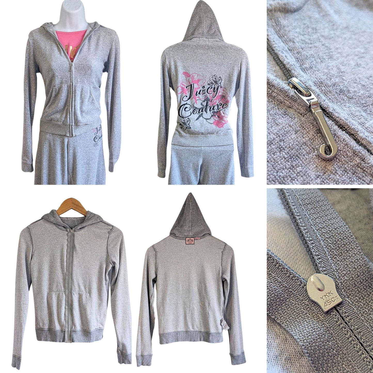 Vtg Y2K JUICY COUTURE 3pc Gray Terry Fun Pink Floral Matching Tracksuit Set S/M