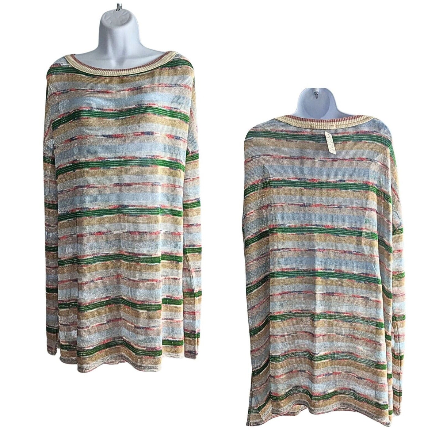 NWT FREE PEOPLE Metallic Rainbow Striped Long Sleeve Sweater Dress Tunic Size XL