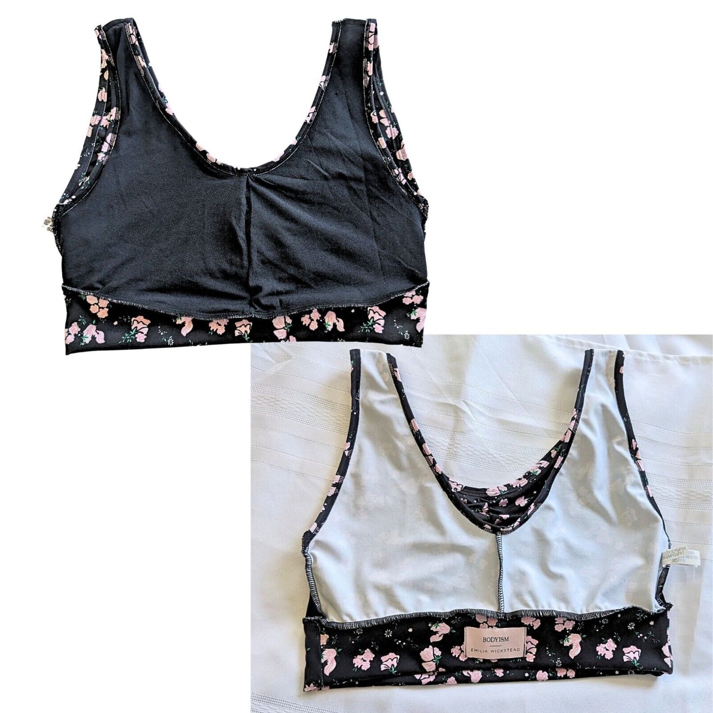 Emilia Wickstead BODYISM Liv Black Pink Floral Stretch Jersey Sports Bra Size L