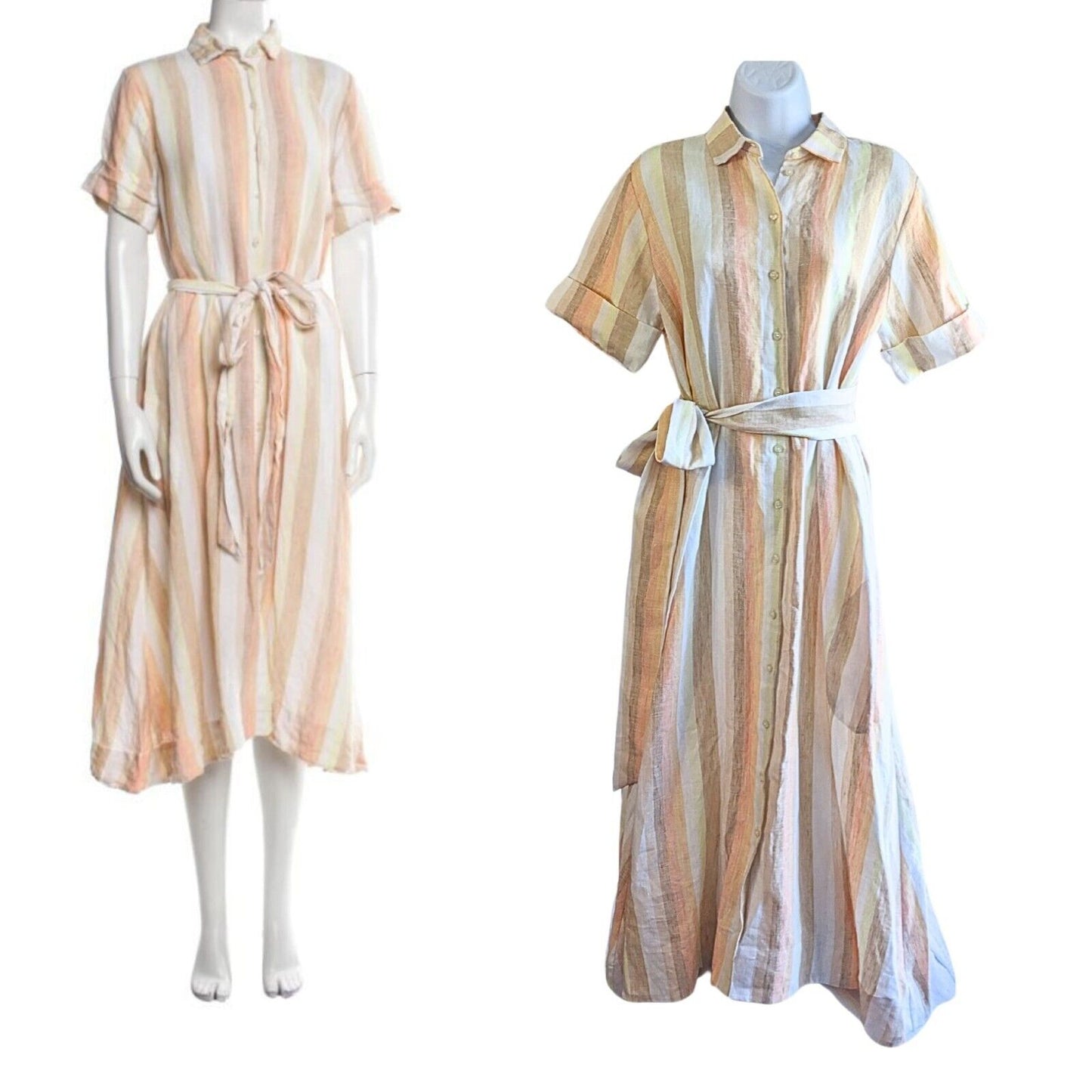 LISA MARIE FERNANDEZ Peach Stripe 100% Linen Gauze BeltedMidi Shirtdress Sz IV/L