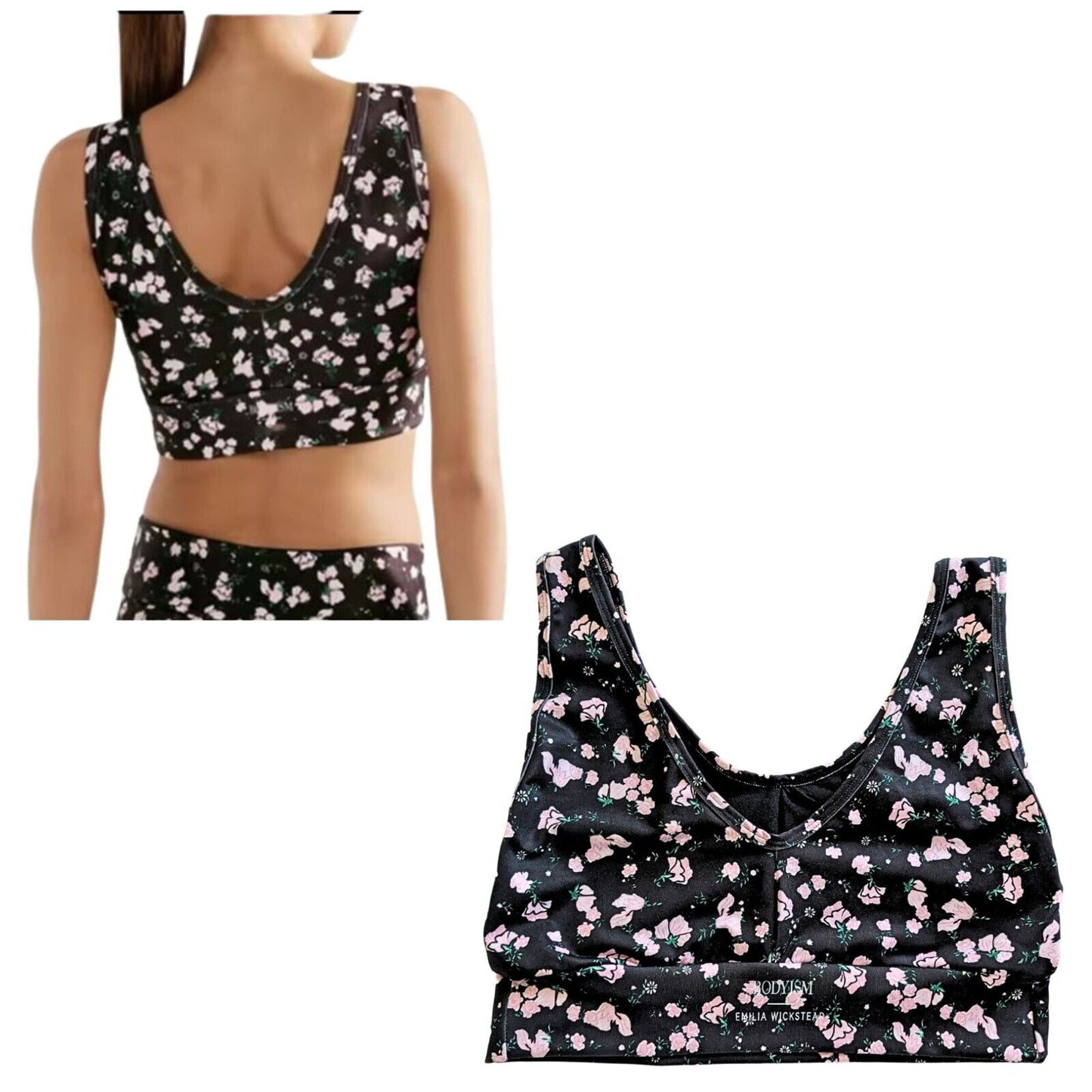 Emilia Wickstead BODYISM Liv Black Pink Floral Stretch Jersey Sports Bra Size L