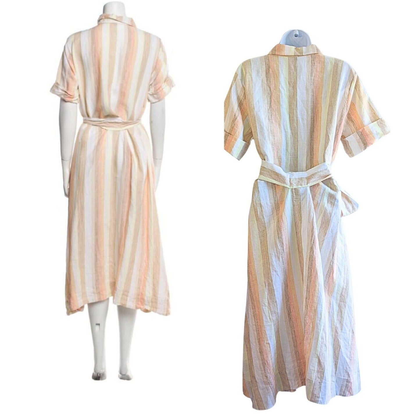 LISA MARIE FERNANDEZ Peach Stripe 100% Linen Gauze BeltedMidi Shirtdress Sz IV/L