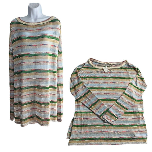 NWT FREE PEOPLE Metallic Rainbow Striped Long Sleeve Sweater Dress Tunic Size XL