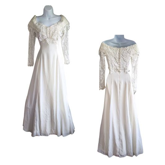 Vtg Early 90s JESSICA MCCLINTOCK Bridal Ivory Lace Off-Shoulder Pearl LS Gown 8