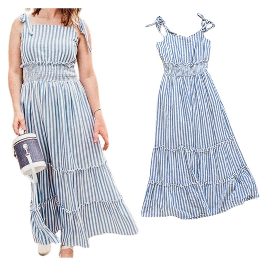 ENGLISH FACTORY Blue Striped Maxi Dress w/ Ruching Ruffles Cottagecore Size S