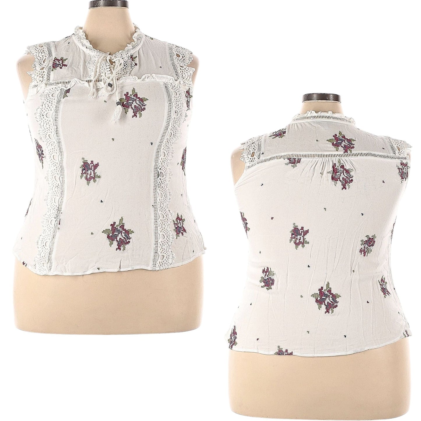 PALE SKY Boho Cross-Stitched White Embroidered Sleeveless Hi-Low Blouse size XXL