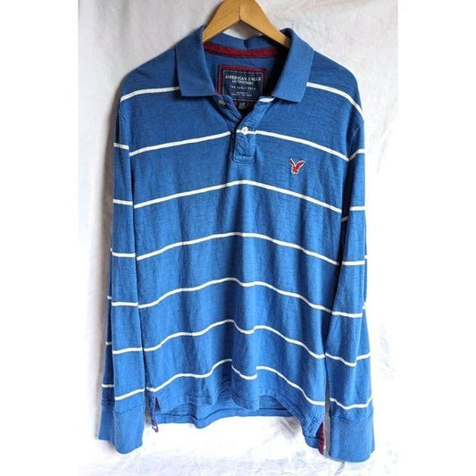 AMERICAN EAGLE Blue & White Striped Polo 100% Cotton Long Sleeved Size L