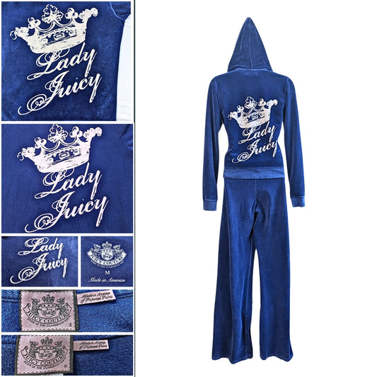 Vtg Y2K JUICY COUTURE Lady Juicy Royal Blue 3-pc Velour Tracksuit Set Size S/M