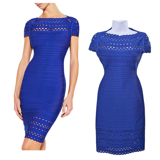 HERVE LEGER Tracie Cobalt Bandage Dress Lasercut Scalloped Sheath Mini Size S