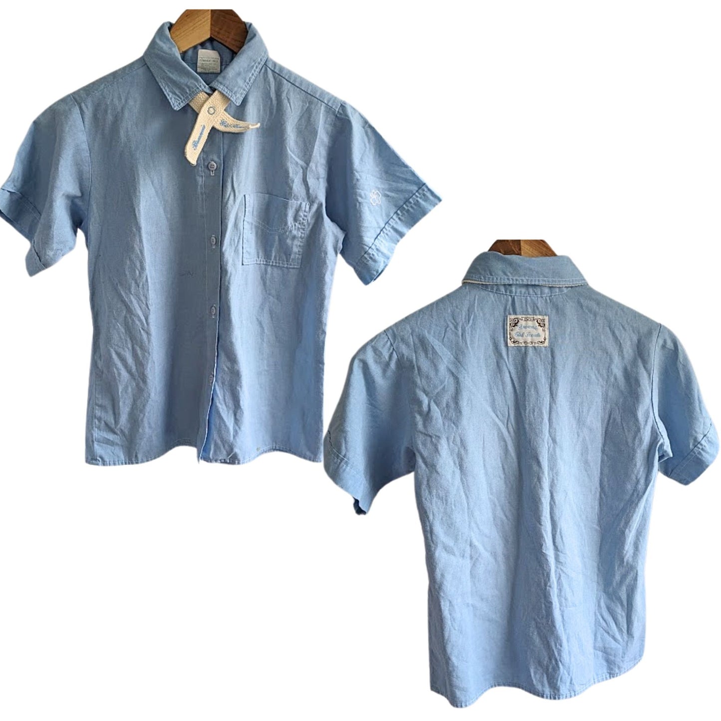 Vtg 90s/Y2K GIRL SCOUT Brownie Uniform Blue Shirt w/ Cream Snap Tie Girls Sz 12