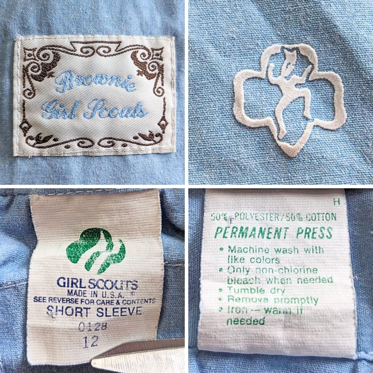 Vtg 90s/Y2K GIRL SCOUT Brownie Uniform Blue Shirt w/ Cream Snap Tie Girls Sz 12