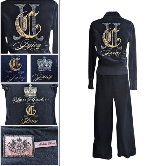 Vtg Y2K JUICY COUTURE 3pc Black Mixed Metal Velour Matching Tracksuit Set Sz S/L